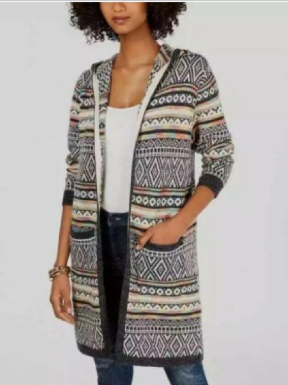 Monteau Blue Intarsia Knit Open Front Hooded Duster Knee-Length Cardigan Size M